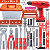 A red battery-powered electric drill tool and various plastic tools are shown in a box.