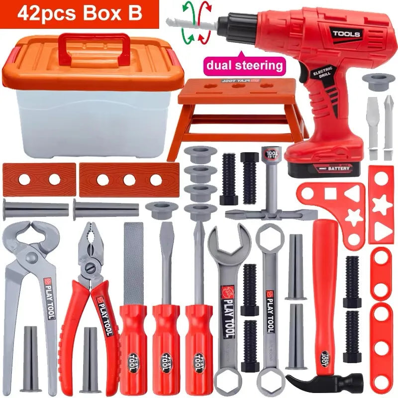 A red battery-powered electric drill tool and various plastic tools are shown in a box.