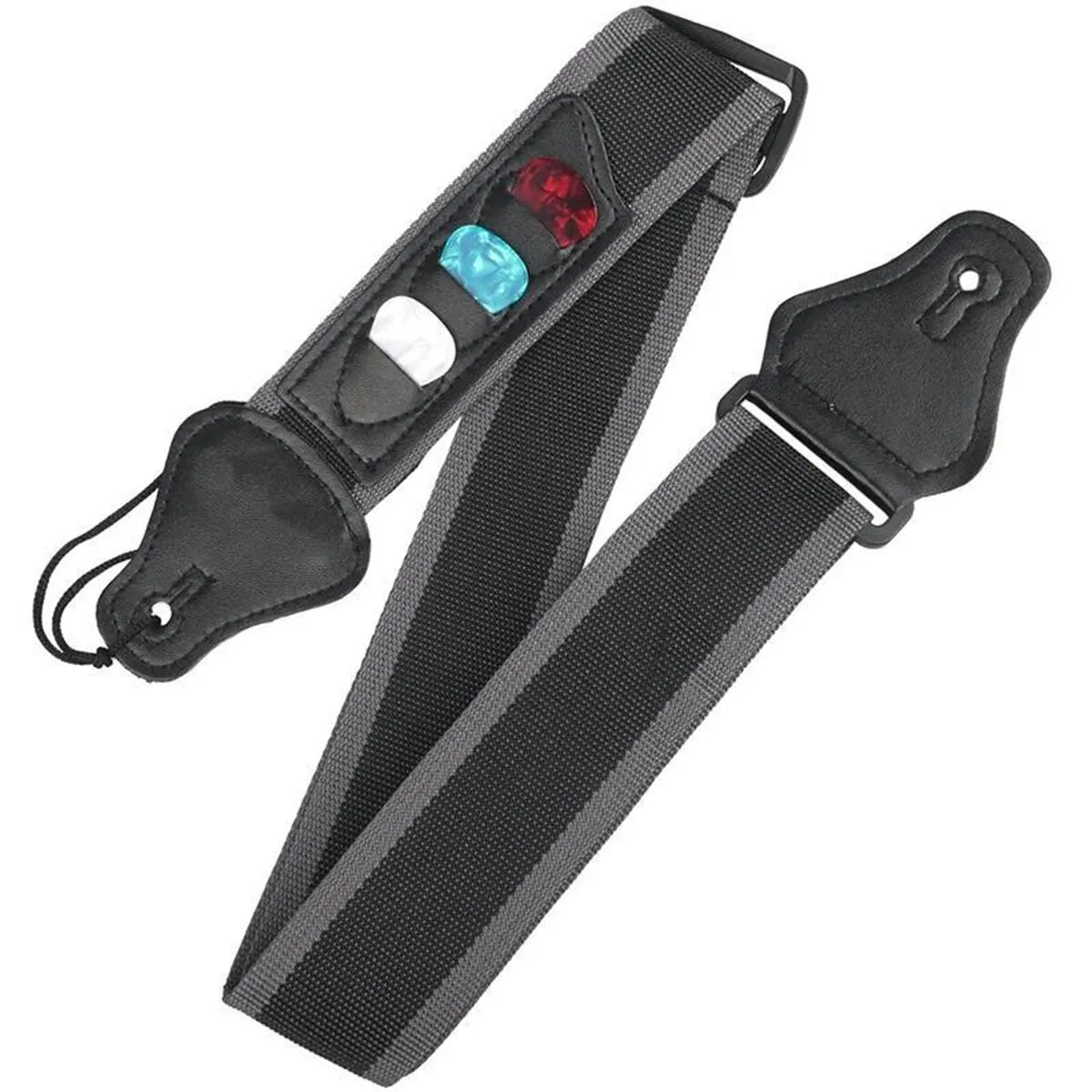 Black adjustable guitar strap with three pick holders and PU leather ends