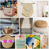 Various macrame crafts including a woven bag, wall hanging, and decorative plant hanger made from cotton cord.