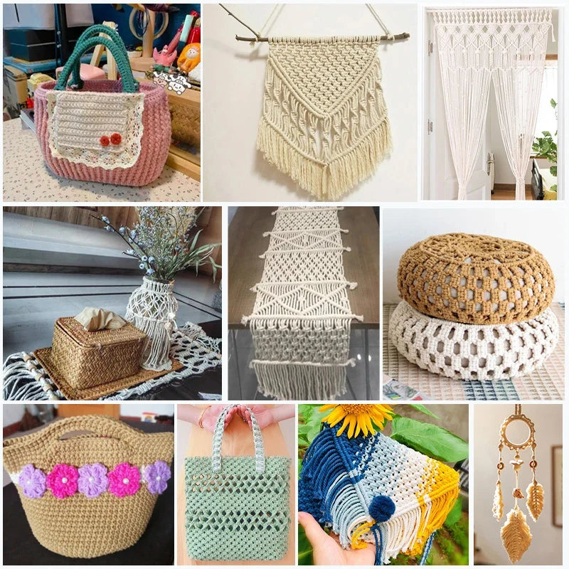 Various macrame crafts including a woven bag, wall hanging, and decorative plant hanger made from cotton cord.