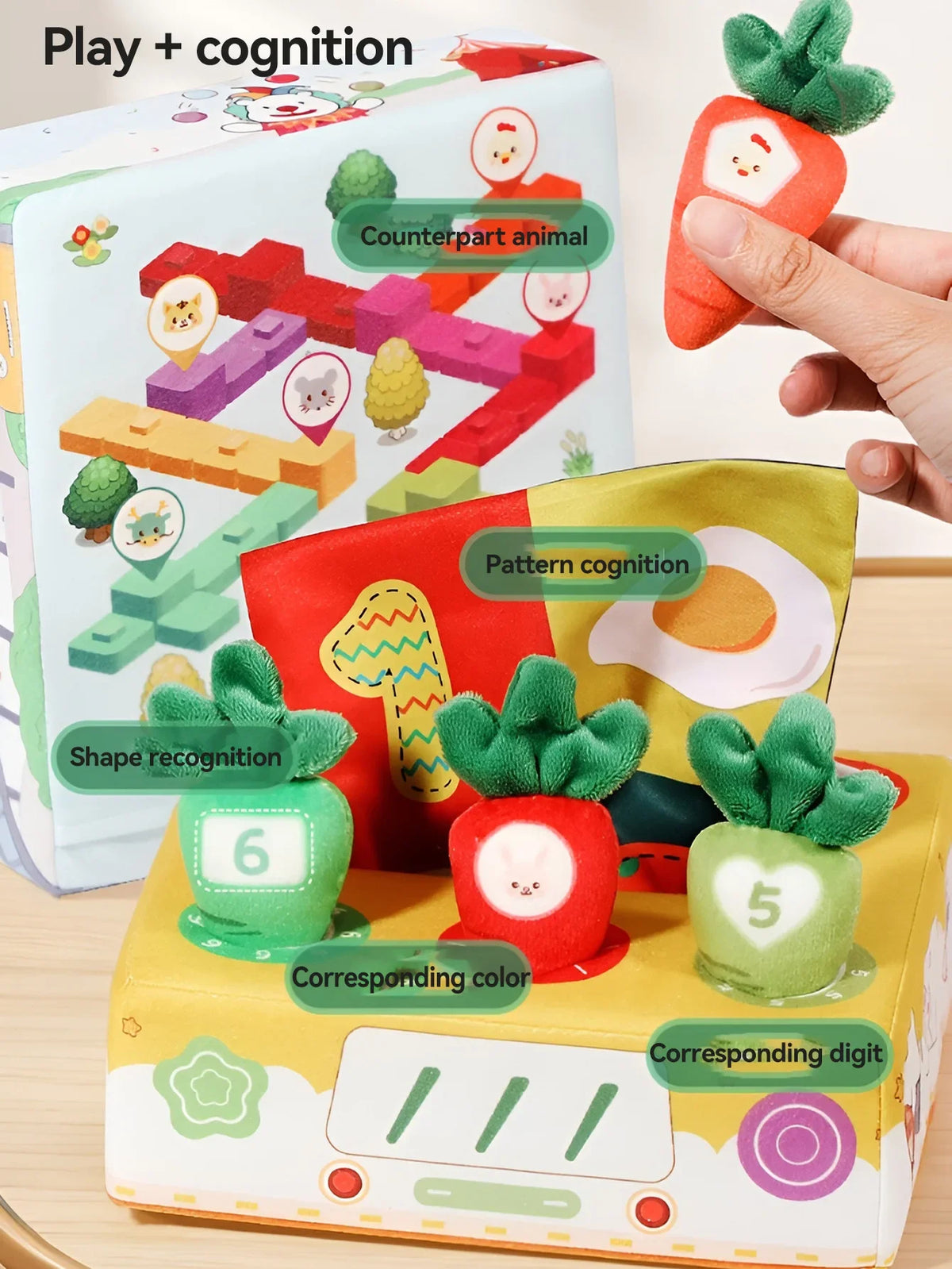 A sensory toy box featuring various activities like counterpart animal, pattern cognition, shape recognition, corresponding c