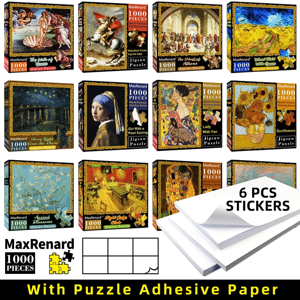 Box of MaxRenard 1000 pieces famous art jigsaw puzzles with adhesive sheets