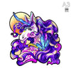 A vibrant illustration of a unicorn head with purple and white hair, surrounded by magical light effects.