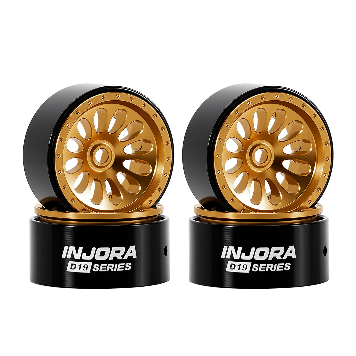 A pair of INJORA D19 SERIES beadlock wheels with gold accents shown against a white background.