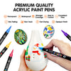 A set of premium quality acrylic paint pens and markers shown with an egg, demonstrating various features like waterproof and