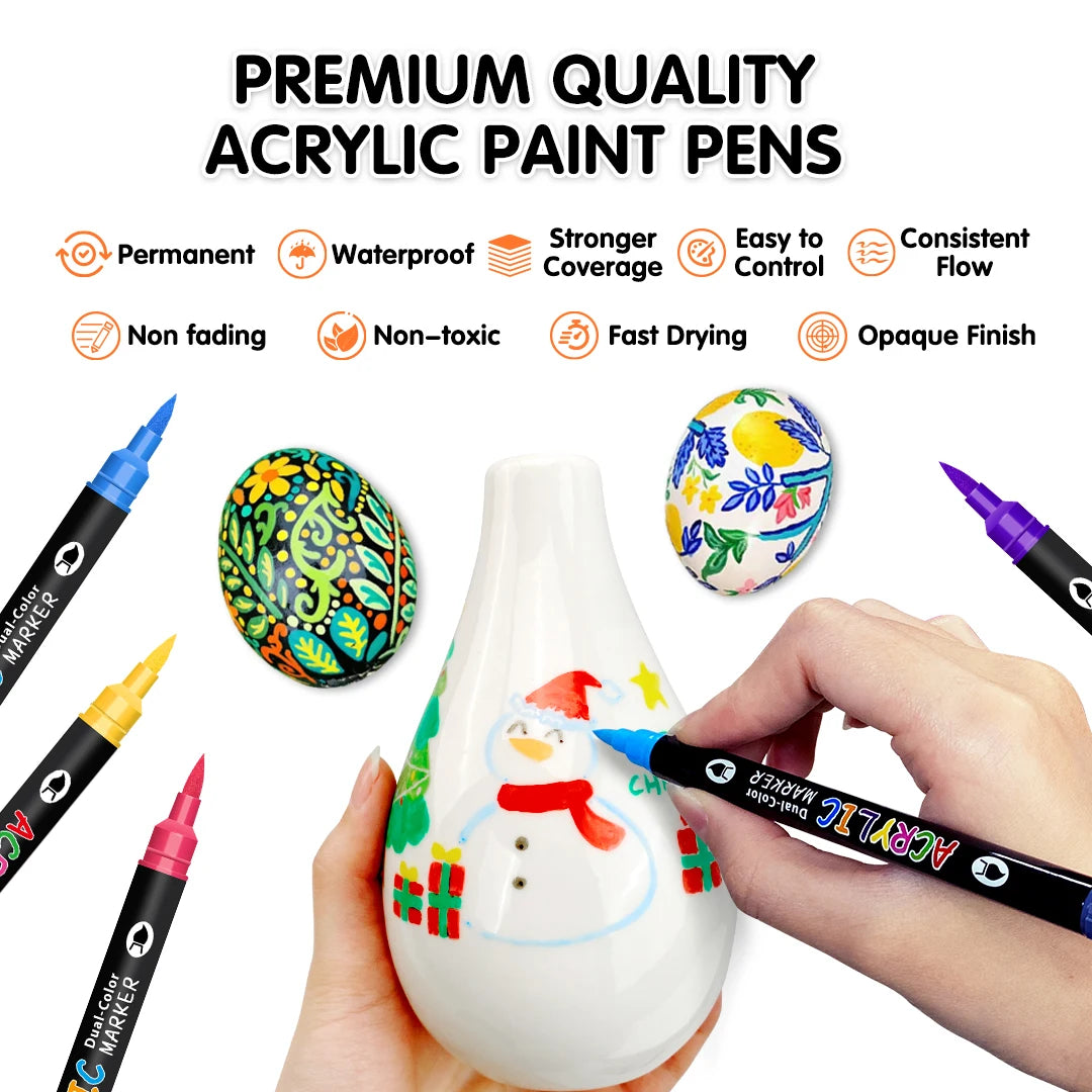 A set of premium quality acrylic paint pens and markers shown with an egg, demonstrating various features like waterproof and