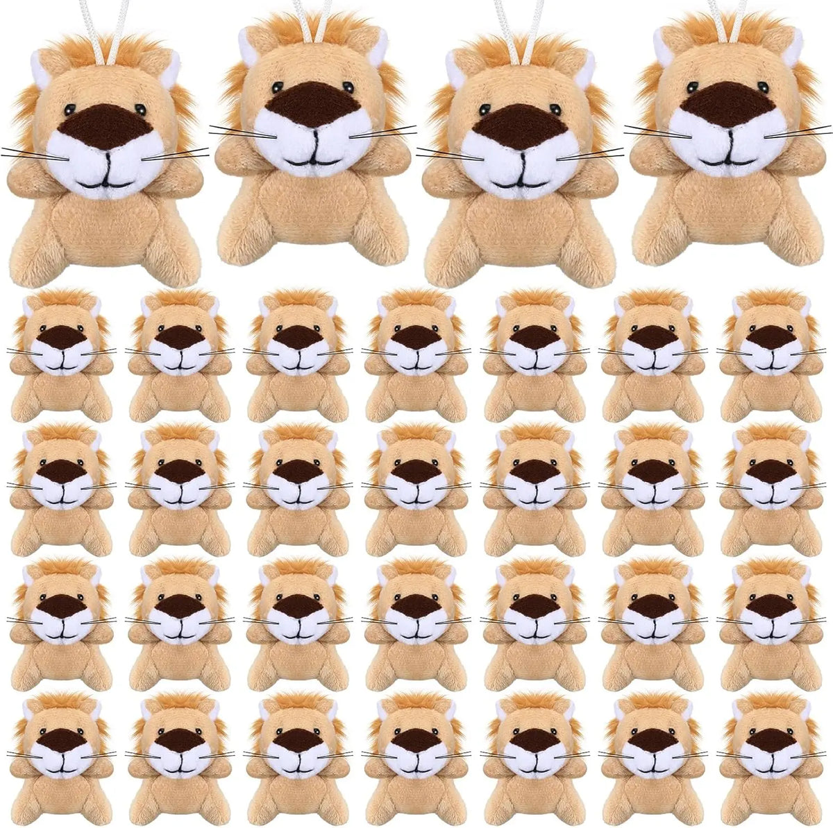 A collection of various mini lion and tiger plush toys in tan and brown colors.