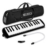 Black 32-key portable melodica keyboard with a carrying bag and white cable