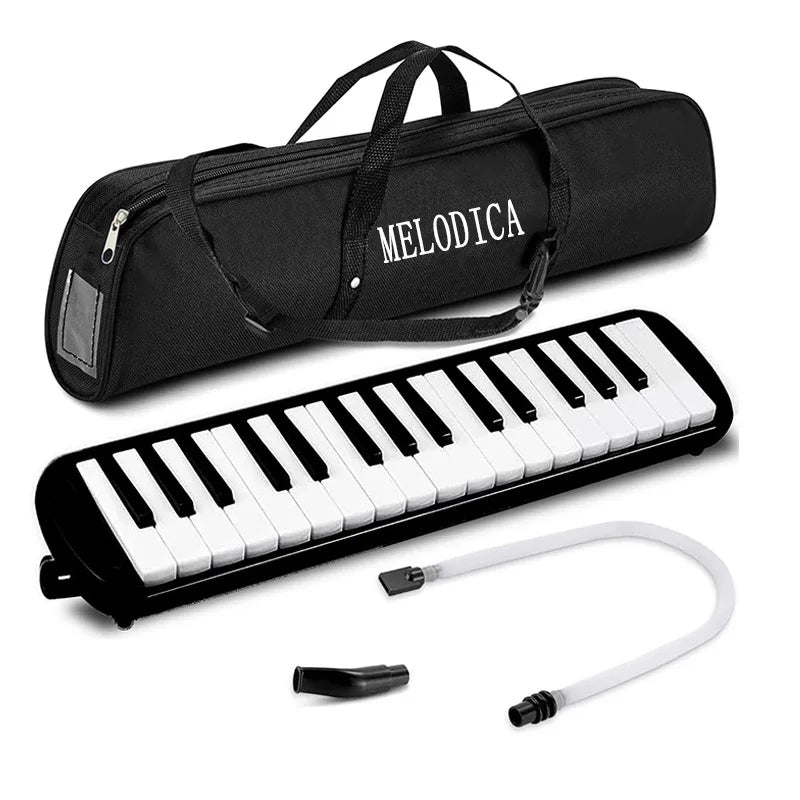 Black 32-key portable melodica keyboard with a carrying bag and white cable