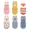 A set of six cute cartoon animal non-slip socks for babies and toddlers in various colors and patterns.