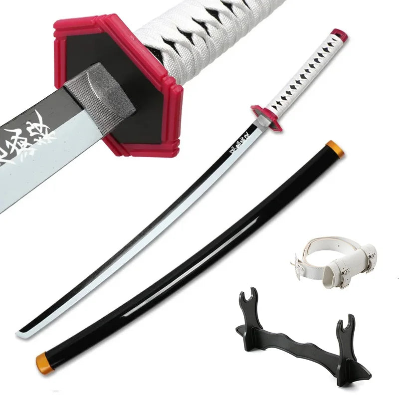 A silver katana with a red hilt and black grip is shown alongside a bamboo cosplay sword and a black sword guard.