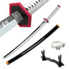 A replica bamboo anime katana sword with a black handle and silver blade, shown alongside a sheath and a separate guard.
