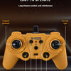 A yellow 2.4GHz remote control for an engineering vehicle, showing various functions like forward/backward movement and light
