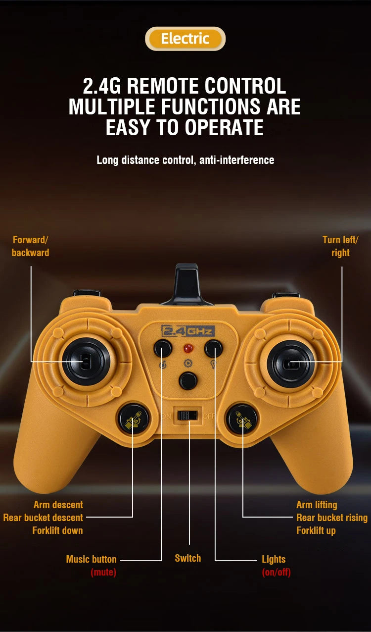 A yellow 2.4GHz remote control for an engineering vehicle, showing various functions like forward/backward movement and light