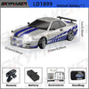 A silver and blue 1/18 scale GTR R34 RC drift car with gyro stabilization features shown alongside accessories and a handbag.