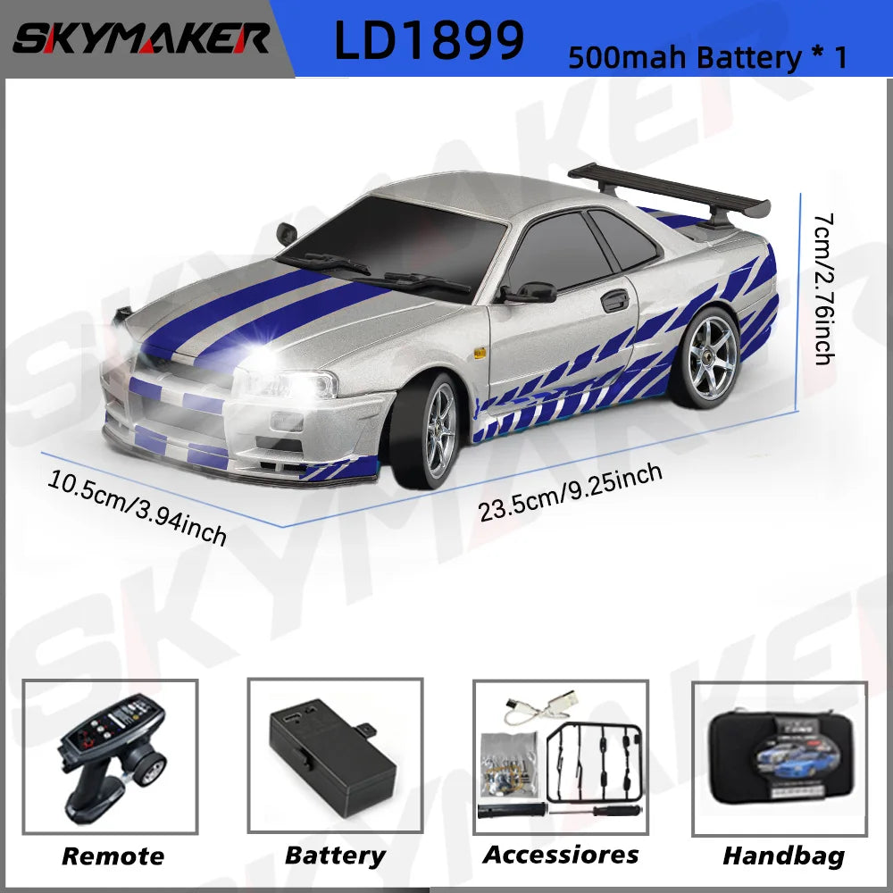 A silver and blue 1/18 scale GTR R34 RC drift car with gyro stabilization features shown alongside accessories and a handbag.