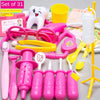 A set of pink and yellow pretend play doctor and nurse medical kit including a stethoscope, various tools, and accessories fo