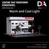 A 1:64 scale model of a two-story car showroom and parking garage display case with warm and cool lighting.