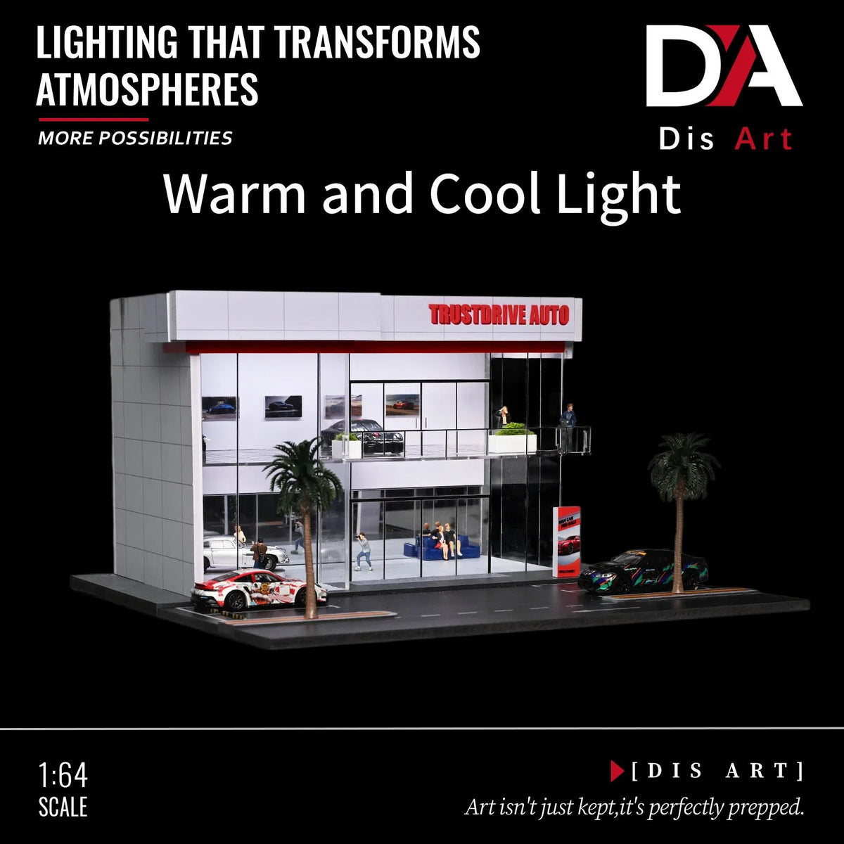 A 1:64 scale model of a two-story car showroom and parking garage display case with warm and cool lighting.