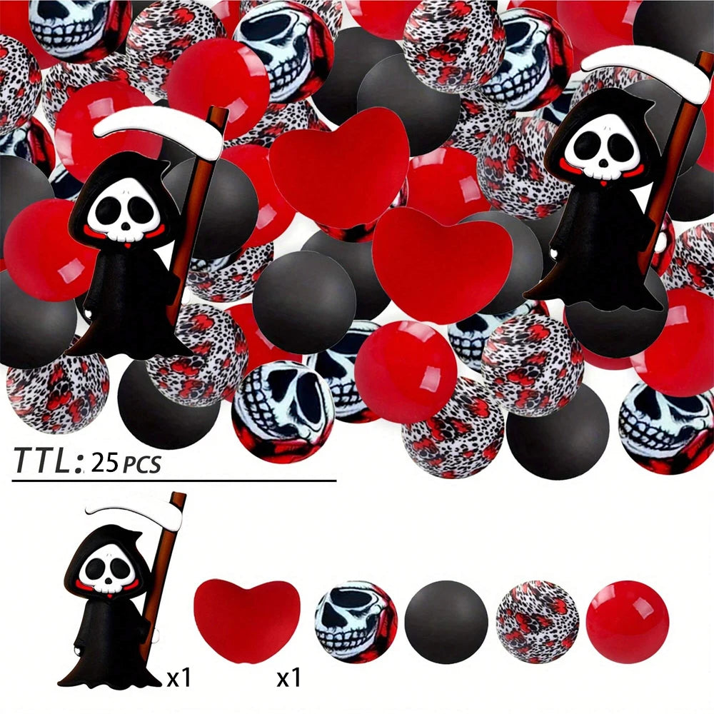 A set of 25 Halloween silicone beads featuring skulls and hearts for jewelry and crafting.