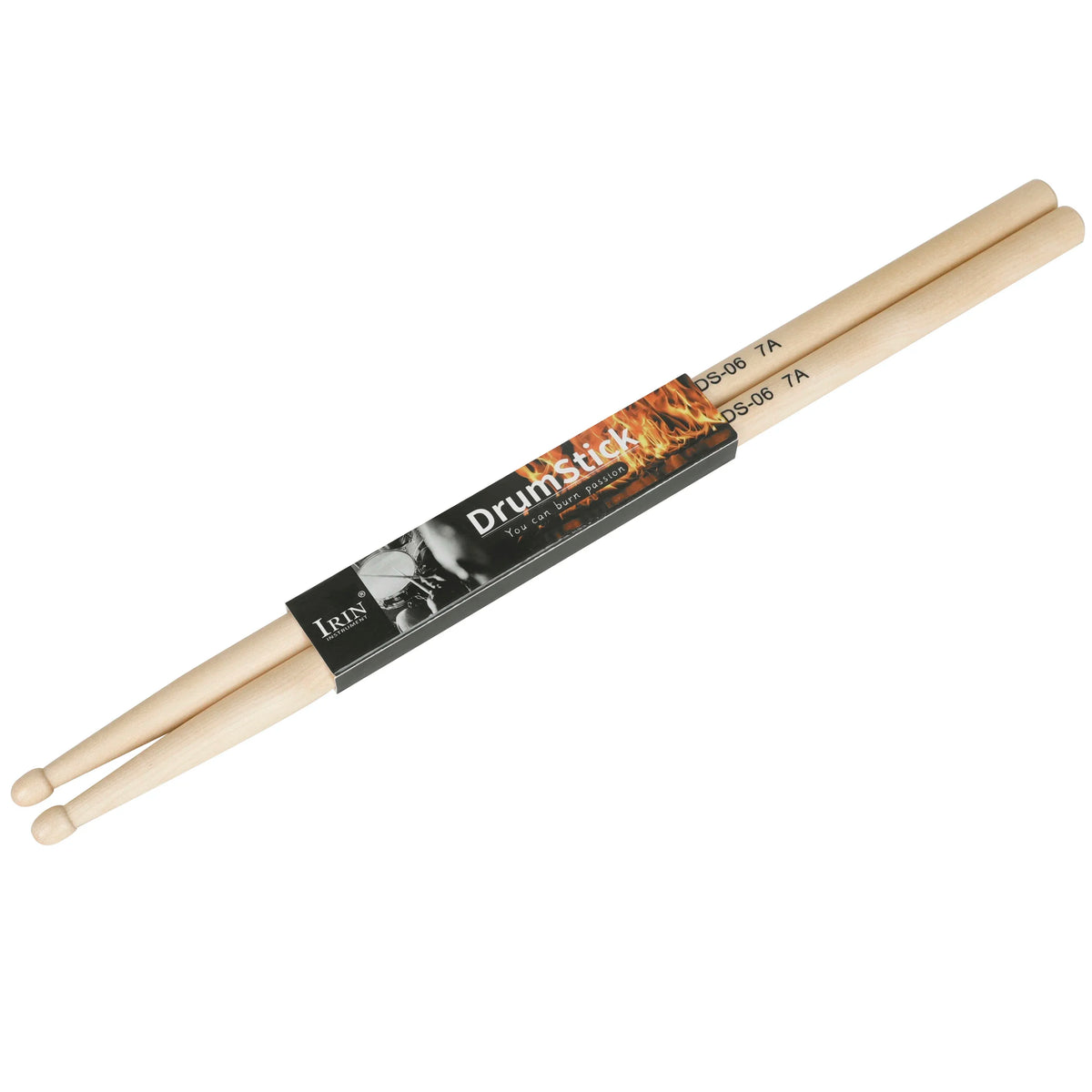 A pair of natural wood maple drumsticks labeled DS-06 7A and IRIN.