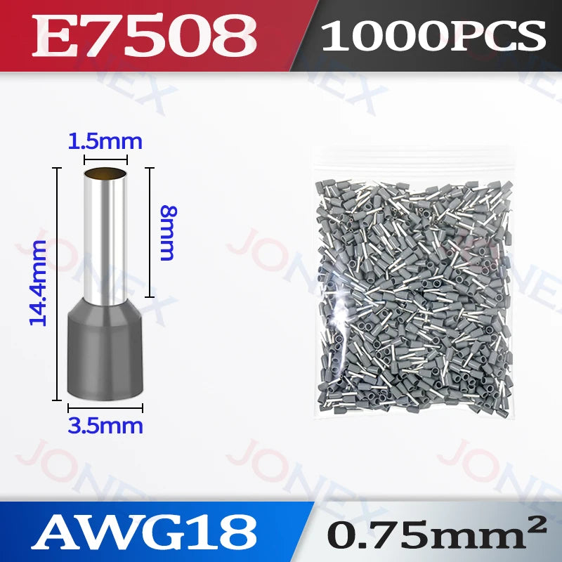 A package of E7508 insulated tubular crimp terminals, measuring 1.5mm in length and 3.5mm in diameter.