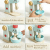 A wooden kitchen play set showing various actions like lifting a stirrer, putting food into a cup, and adding flour.