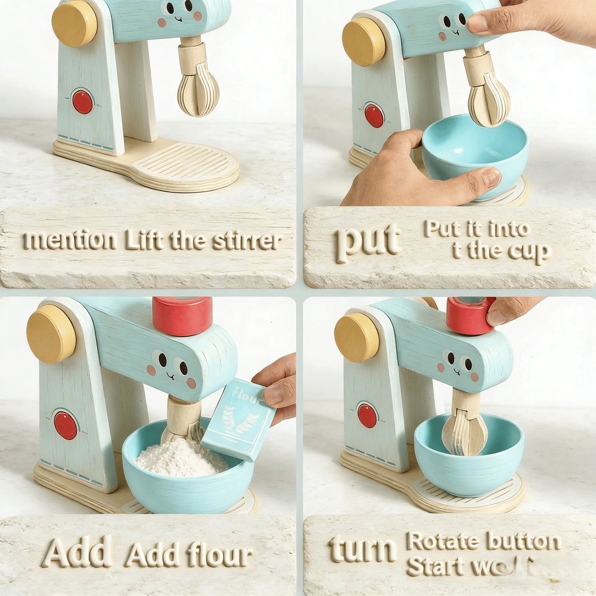 A wooden kitchen play set showing various actions like lifting a stirrer, putting food into a cup, and adding flour.