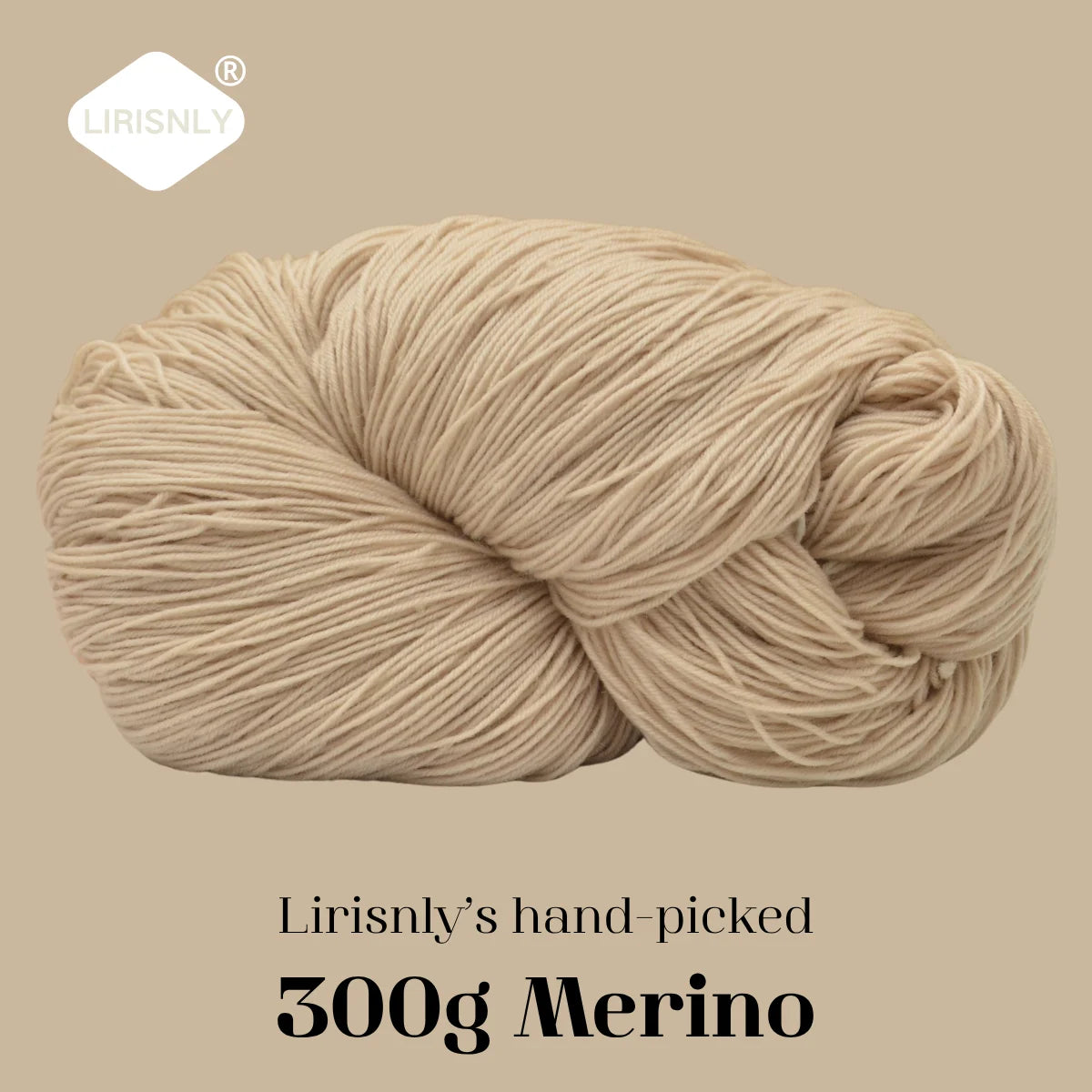 A ball of light beige Merino wool yarn, hand-picked and 300g, shown in a coiled shape.