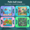 Three palm ball mazes in purple, teal, and pink plastic frames designed to exercise a baby's concentration and balance.