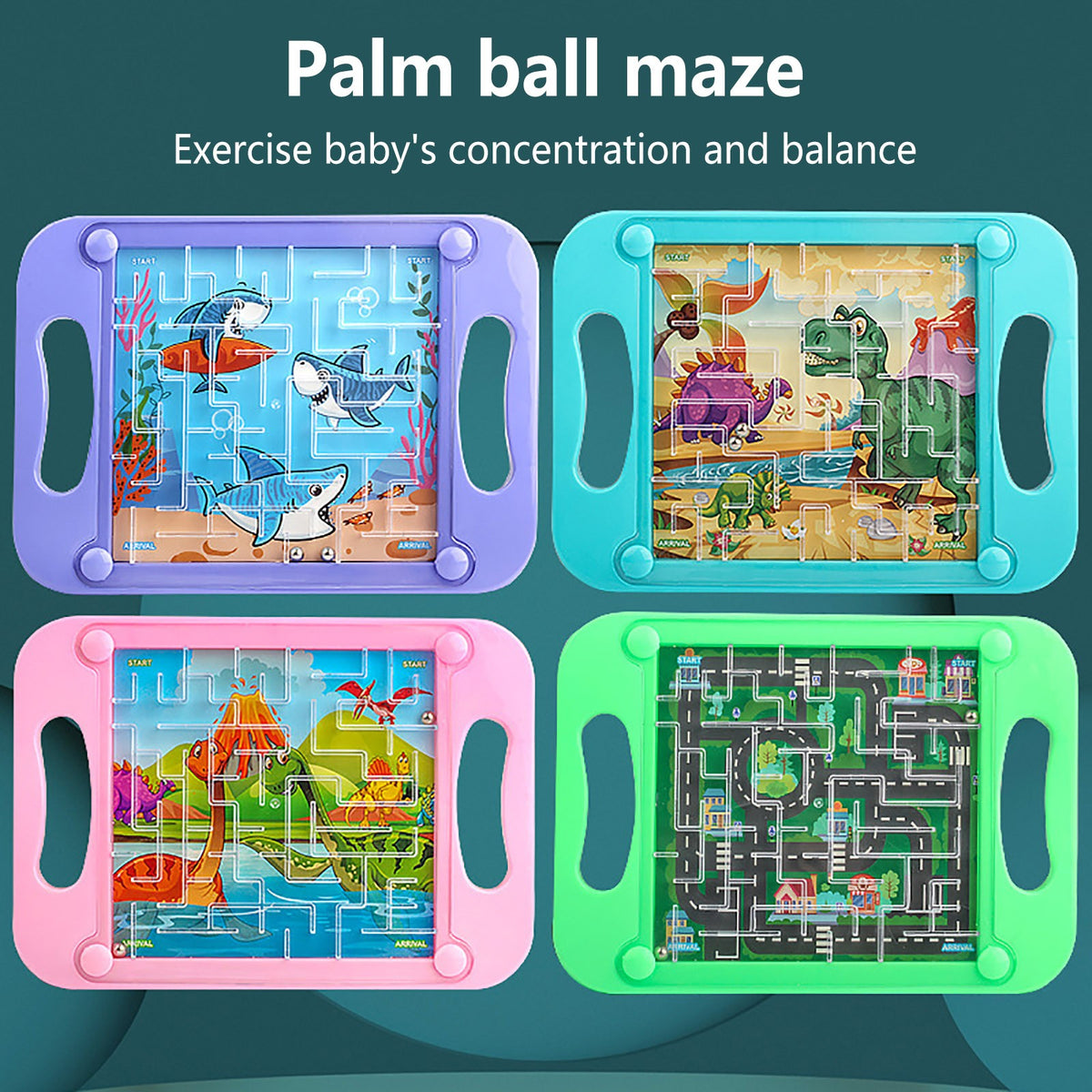 Three palm ball mazes in purple, teal, and pink plastic frames designed to exercise a baby's concentration and balance.