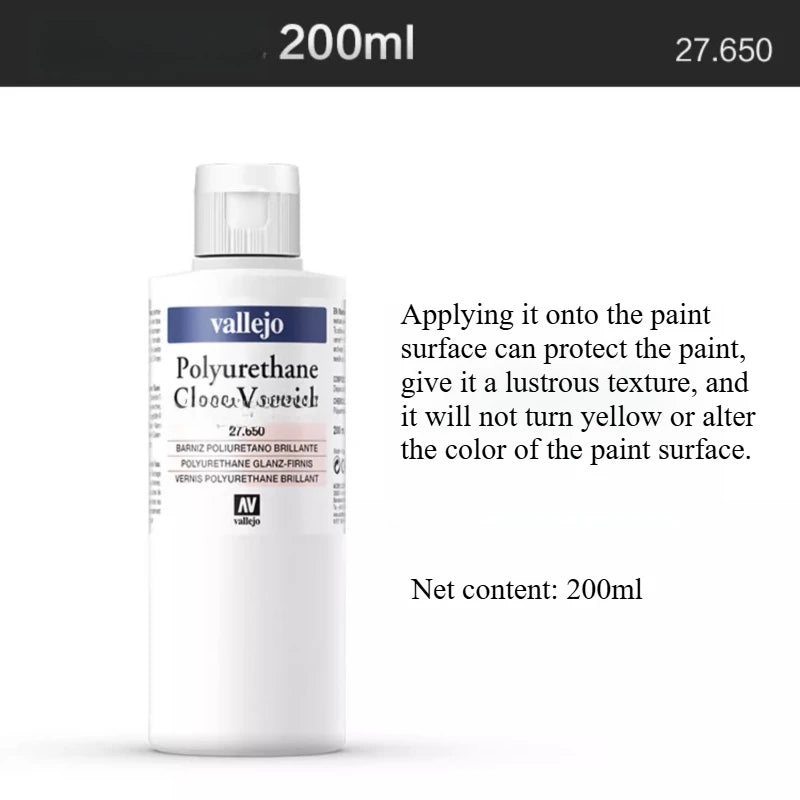 A white bottle of Vallejo Polyurethane Gloss Varnish with a clear cap and label against a white background.