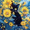 A black cat is depicted in a vibrant painting style surrounded by yellow and blue flowers.
