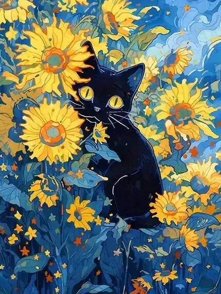 A black cat is depicted in a vibrant painting style surrounded by yellow and blue flowers.