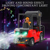 A red remote control forklift truck with a yellow operator, emitting light and sound effects.