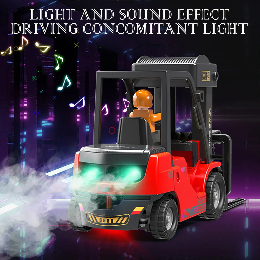 A red remote control forklift truck with a yellow operator, emitting light and sound effects.
