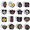 A collection of heart-shaped silicone molds for resin jewelry making featuring various floral designs in black and purple.