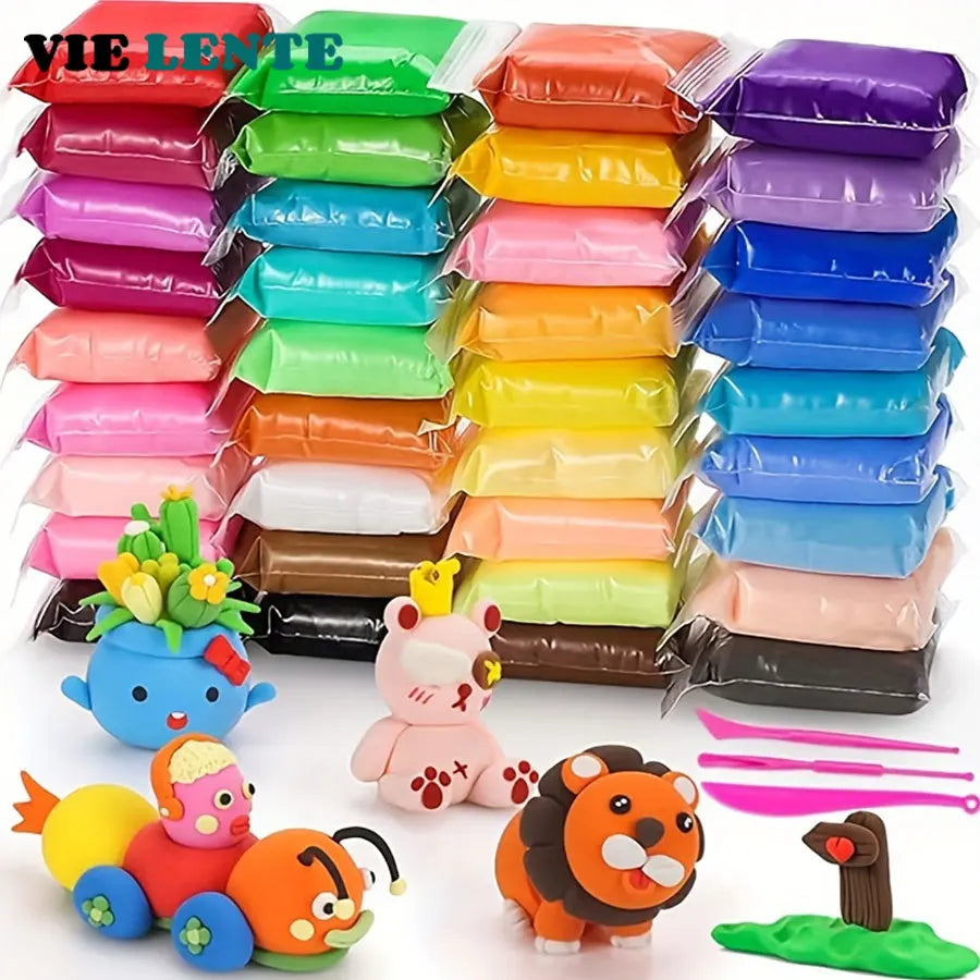 A set of 36 colored air-dry clay sheets and carving tools, including animal figures.