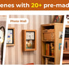 Realistic scenes featuring pre-made furniture like a bookshelf, photo wall, and shoe stool for miniature houses.