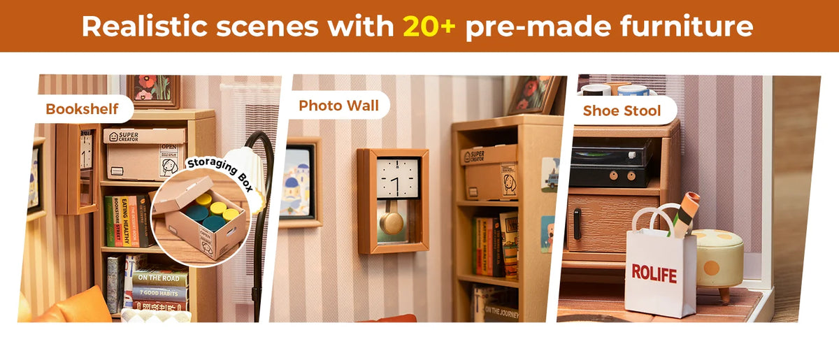 Realistic scenes featuring pre-made furniture like a bookshelf, photo wall, and shoe stool for miniature houses.
