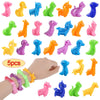A collection of 10 colorful animal and dinosaur sensory stress bracelets for kids in various shades of pink, green, yellow, o
