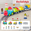 A set of blow ball style electric steam train toys featuring various colored cars, tracks, and accessories.