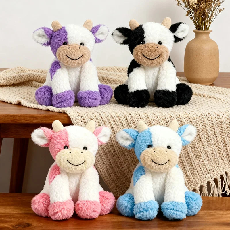 A collection of four super soft sitting cow plush toys in various colors including purple, black, white, and pink.