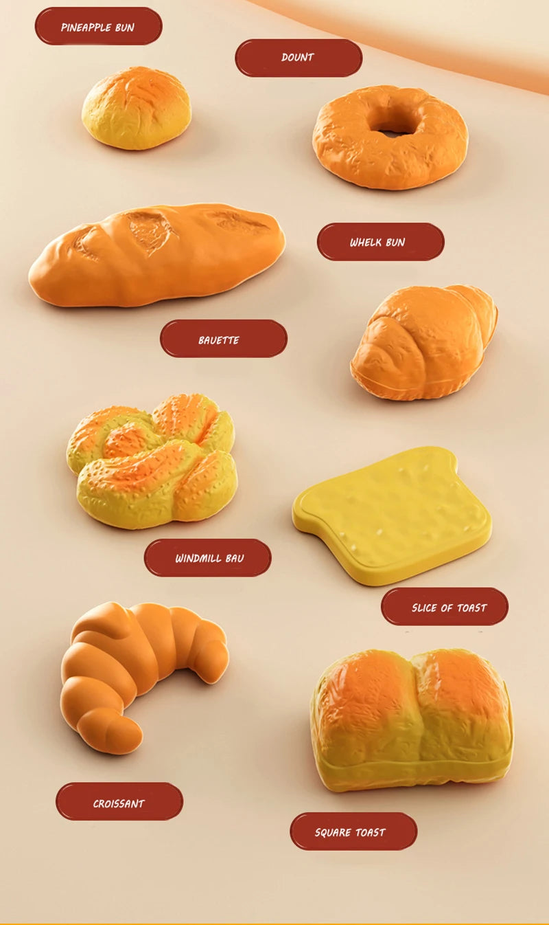 A collection of various baked goods including a pineapple bun, donut, whelk bun, baguette, windmill bau, slice of toast, croi