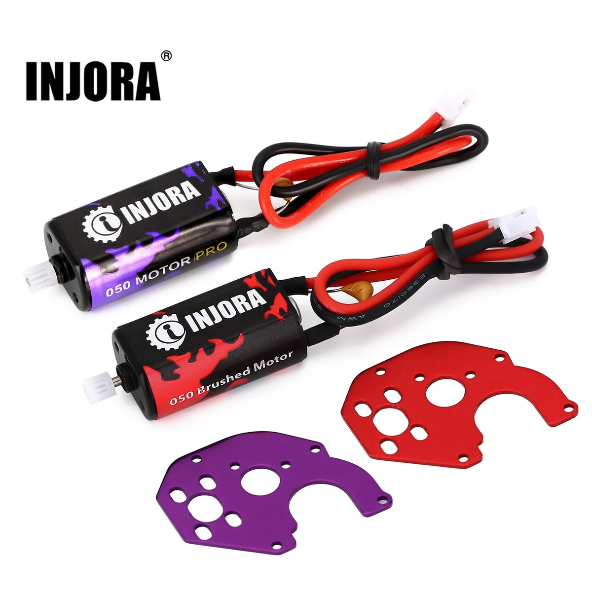INJORA 050 Brushed Motor Pro with wires and a red motor housing and purple gear