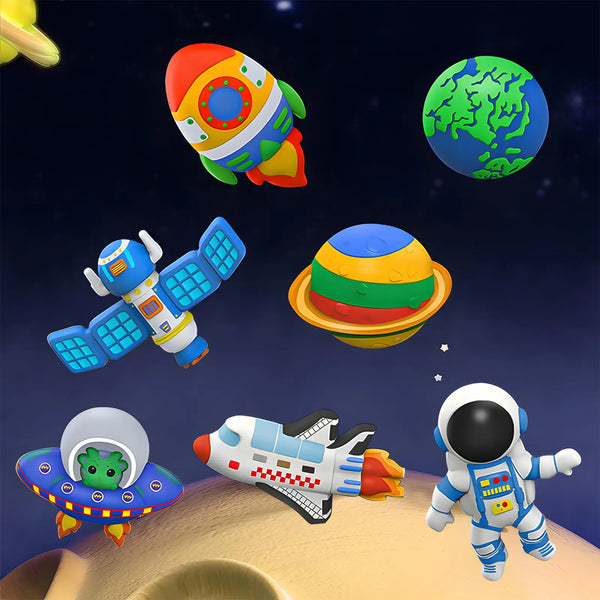 A collection of colorful toy dinosaurs and space-themed items including a green Earth globe and a white astronaut figure.