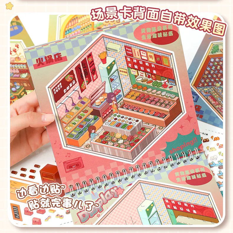 A colorful sticker book featuring scenes of a tiny cabin and various DIY craft elements.