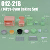 A set of 14 oven baking tools and accessories in pink and green plastic for baking