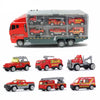 A diecast playset featuring ten construction vehicles including dump trucks and excavators in various colors.